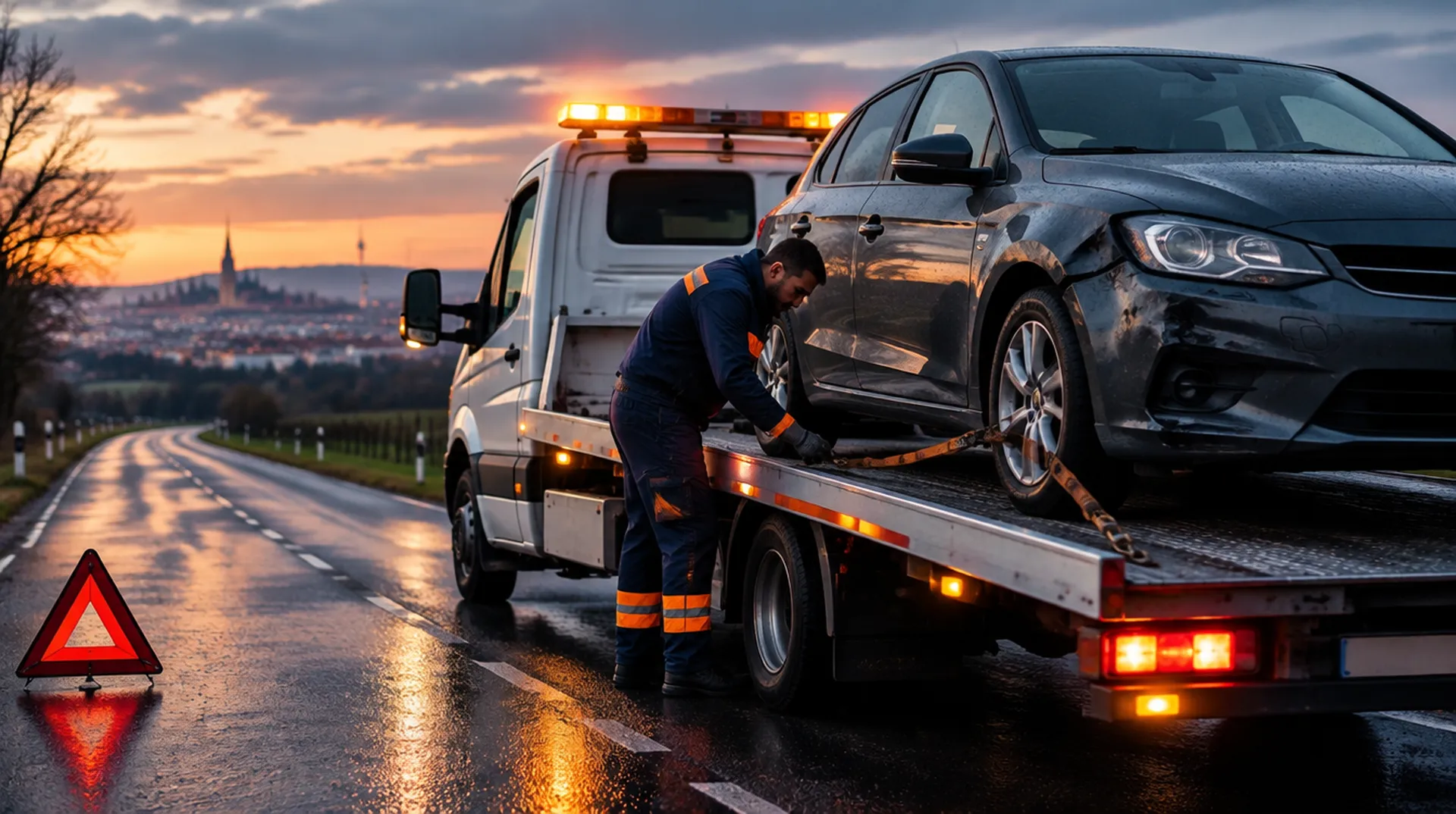 Abschleppwagen lädt ein Unfallfahrzeug am Straßenrand auf (KI-generiertes Symbolbild)